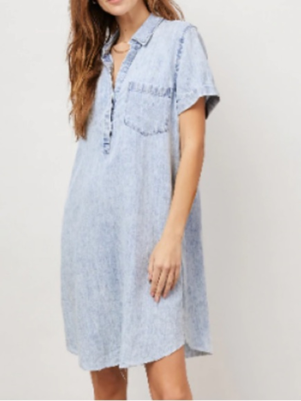 Rails Valerie Light Blue Short Sleeve Denim-Look Mini Dress with Unfinished Hem